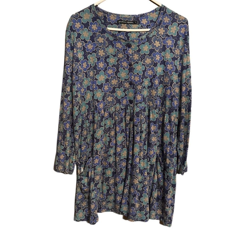 Gudrun Sjoden Women's Blue Floral Long Sleeved Tunic  - Size Large